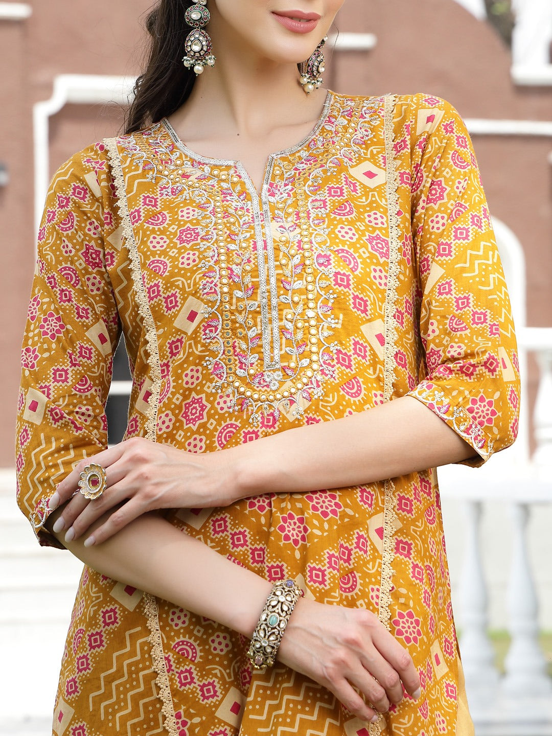 Mustard Printed & Embroidered Cotton Straight Kurta Pant Dupatta Set