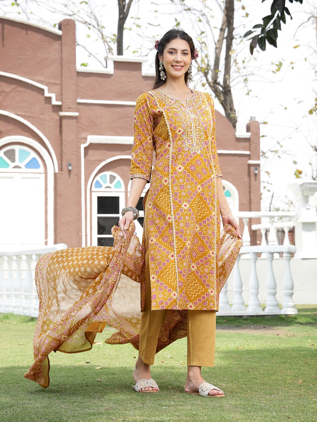 Mustard Printed & Embroidered Cotton Straight Kurta Pant Dupatta Set