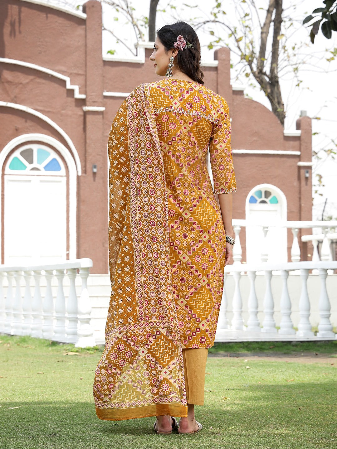 Mustard Printed & Embroidered Cotton Straight Kurta Pant Dupatta Set