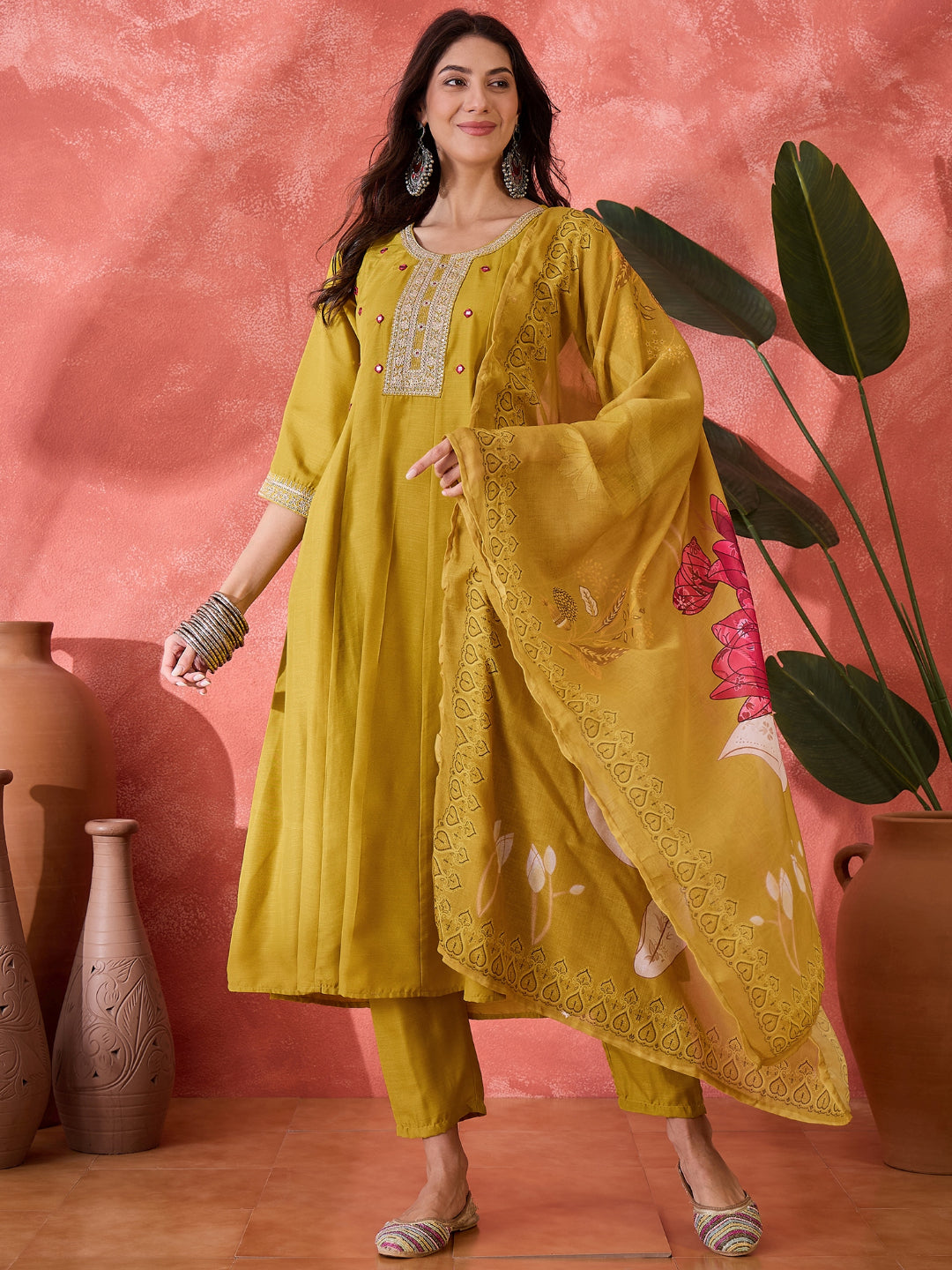 Mustard Solid &amp; Embroidered Silk A-Line Kurta Pant Dupatta Set