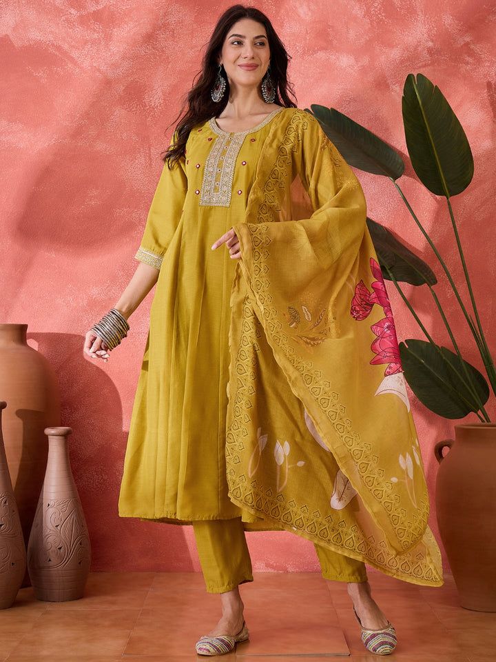 Mustard Solid &amp; Embroidered Silk A-Line Kurta Pant Dupatta Set