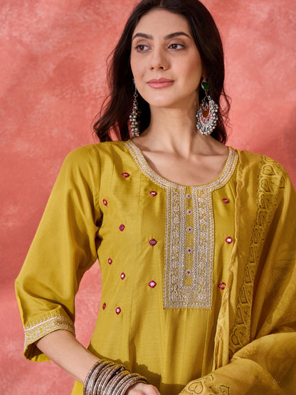 Mustard Solid & Embroidered Silk A-Line Kurta Pant Dupatta Set