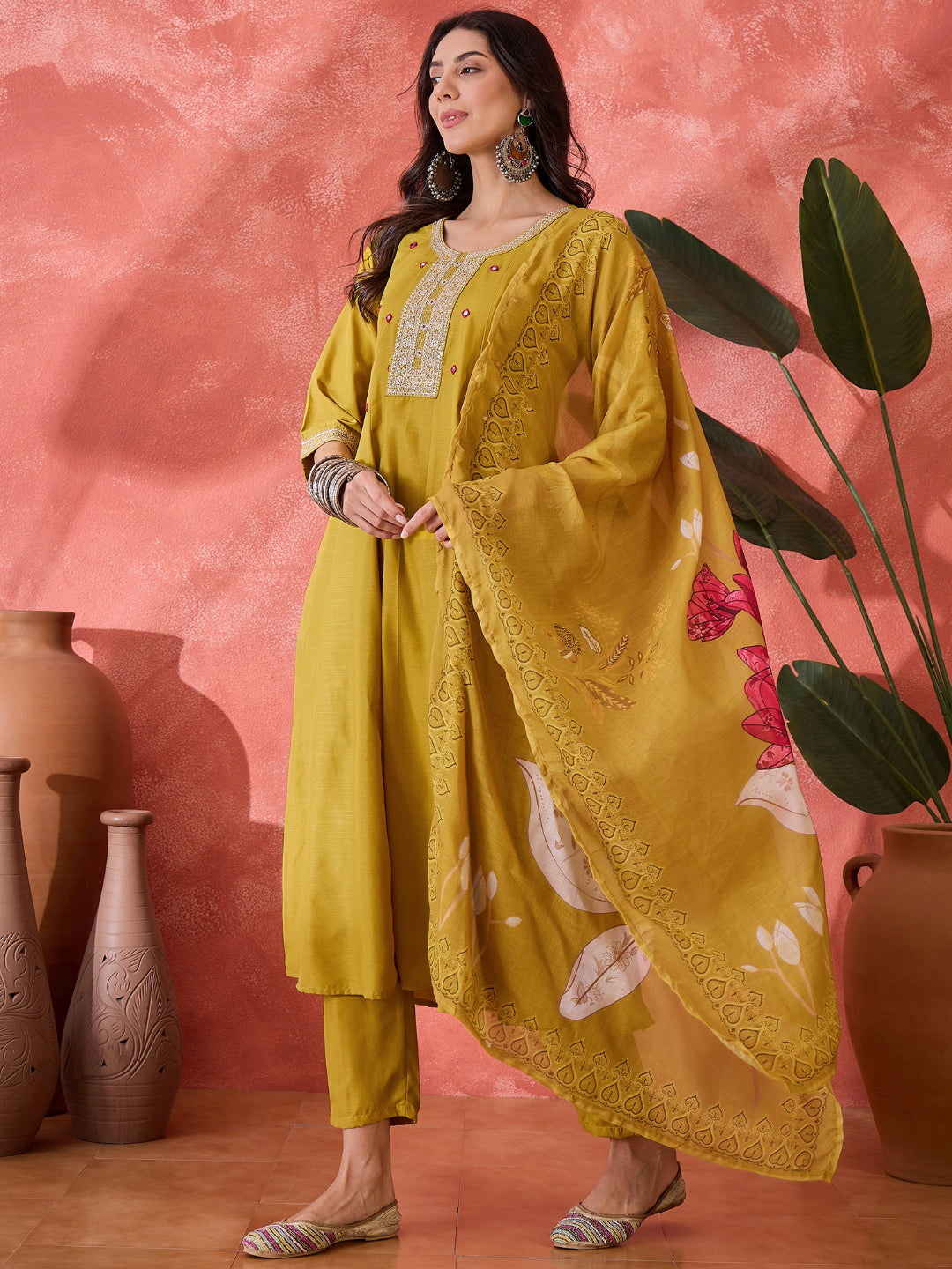Mustard Solid &amp; Embroidered Silk A-Line Kurta Pant Dupatta Set