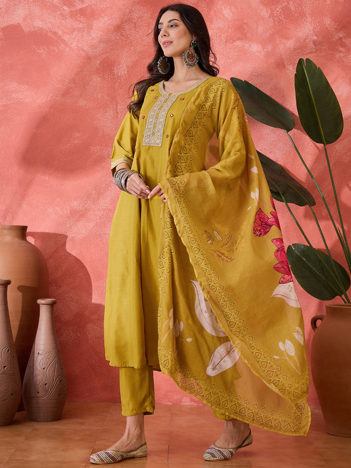 Mustard Solid &amp; Embroidered Silk A-Line Kurta Pant Dupatta Set