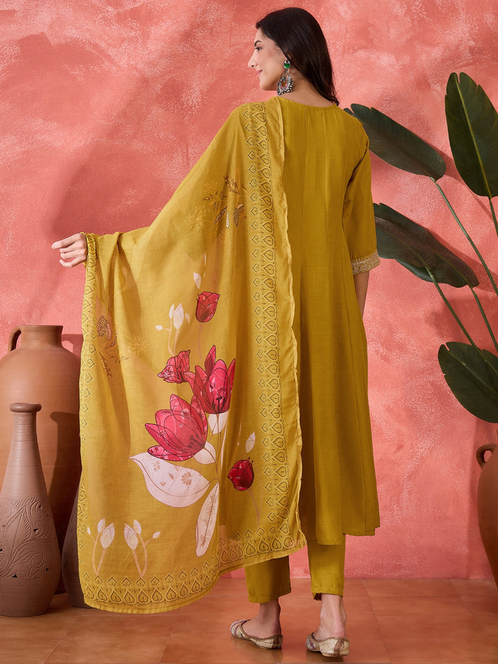 Mustard Solid &amp; Embroidered Silk A-Line Kurta Pant Dupatta Set