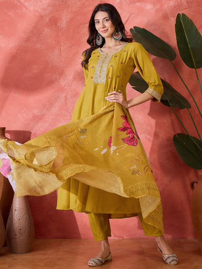 Mustard Solid & Embroidered Silk A-Line Kurta Pant Dupatta Set