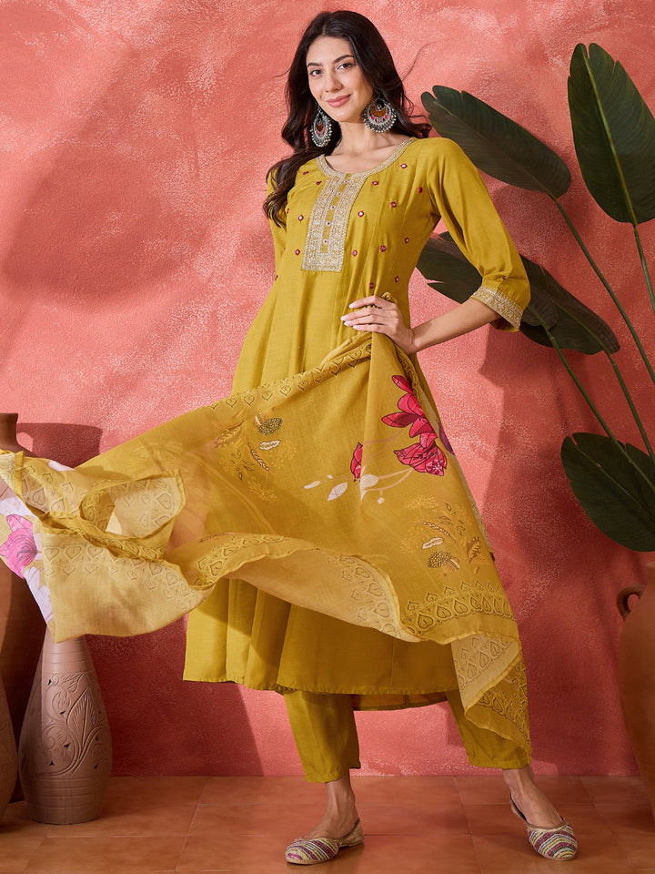 Mustard Solid &amp; Embroidered Silk A-Line Kurta Pant Dupatta Set