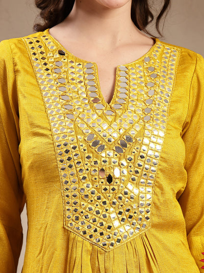 Mustard Solid & Embroidered Silk Blend A-Line Kurta Pant Dupatta Set