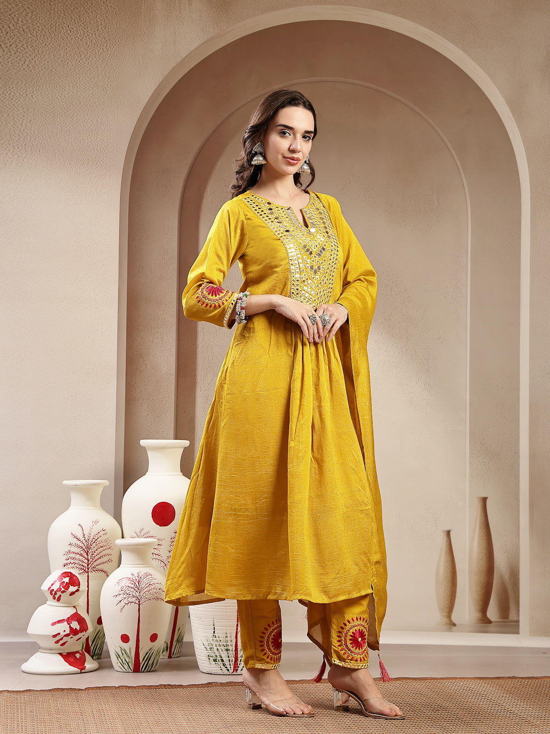 Mustard Solid &amp; Embroidered Silk Blend A-Line Kurta Pant Dupatta Set