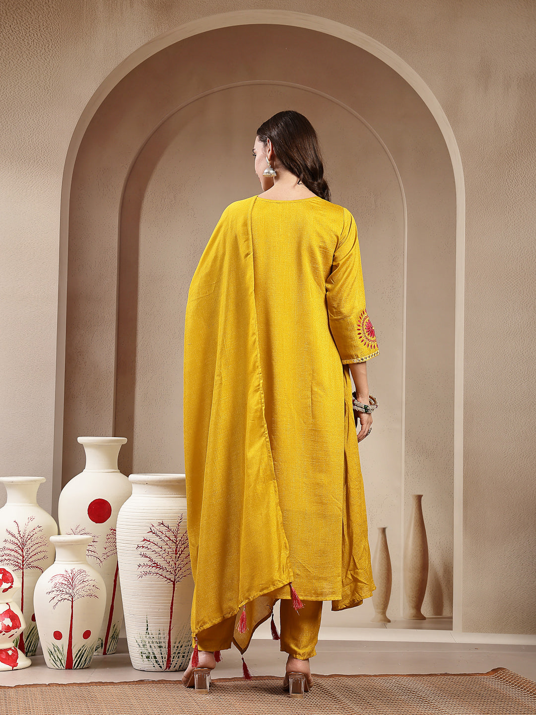 Mustard Solid & Embroidered Silk Blend A-Line Kurta Pant Dupatta Set