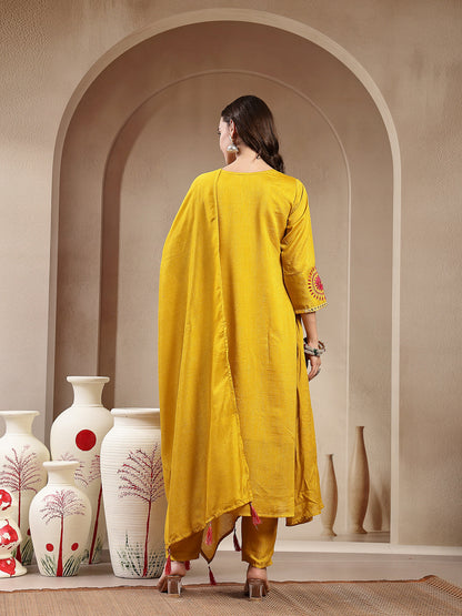 Mustard Solid & Embroidered Silk Blend A-Line Kurta Pant Dupatta Set