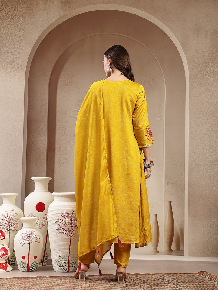 Mustard Solid &amp; Embroidered Silk Blend A-Line Kurta Pant Dupatta Set