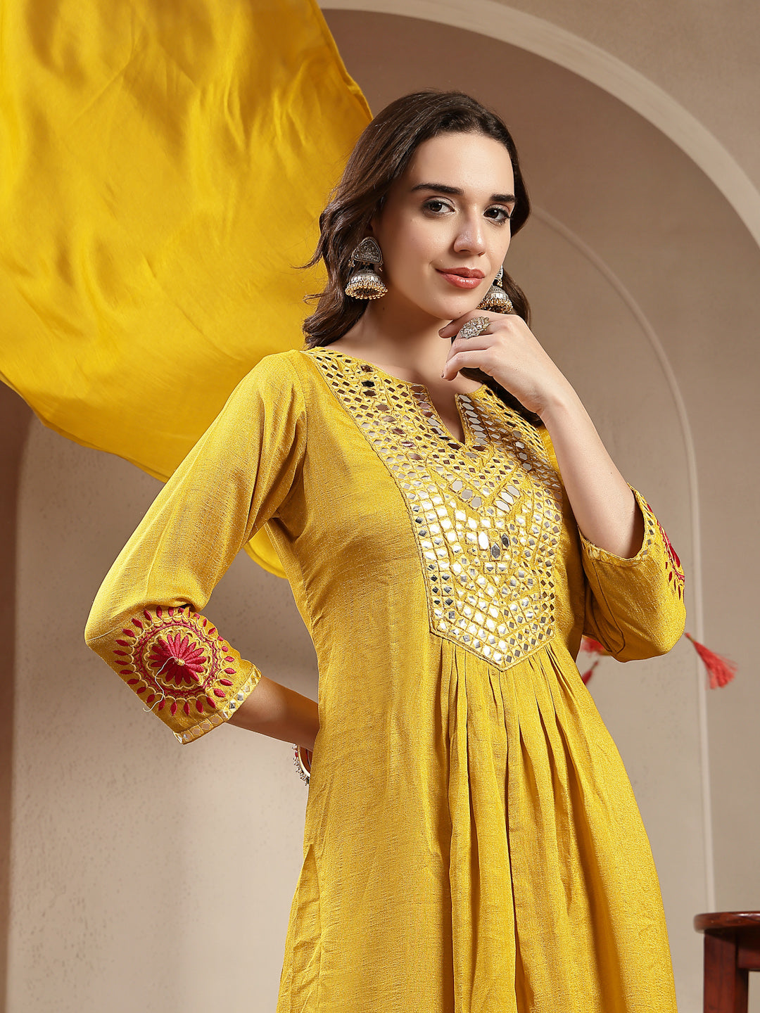 Mustard Solid & Embroidered Silk Blend A-Line Kurta Pant Dupatta Set