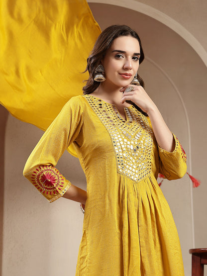Mustard Solid & Embroidered Silk Blend A-Line Kurta Pant Dupatta Set