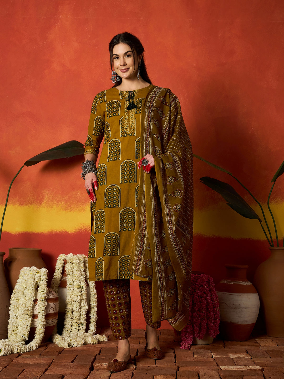 Printed Cotton Straight Kurta Pant Dupatta Set