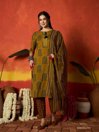 Printed Cotton Straight Kurta Pant Dupatta Set