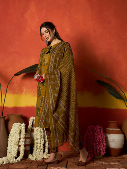 Printed Cotton Straight Kurta Pant Dupatta Set