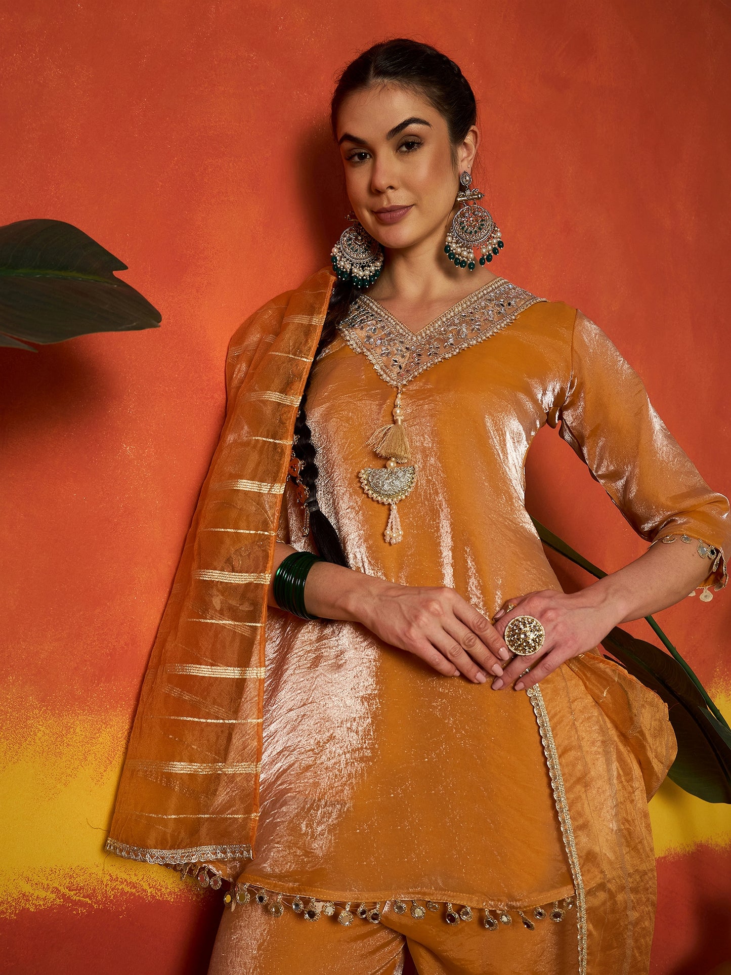 Solid & Embroidered Silk A-Line Short Kurti Palazzo With Dupatta Dupatta