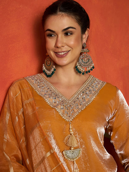 Solid & Embroidered Silk A-Line Short Kurti Palazzo With Dupatta Dupatta