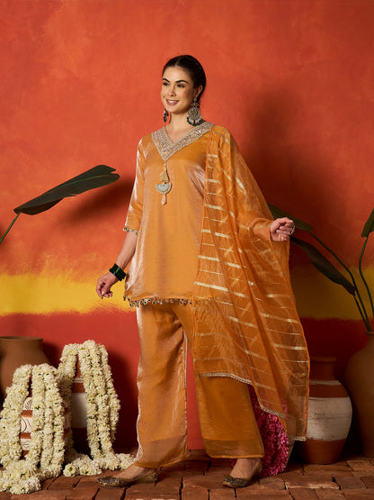 Solid & Embroidered Silk A-Line Short Kurti Palazzo With Dupatta Dupatta