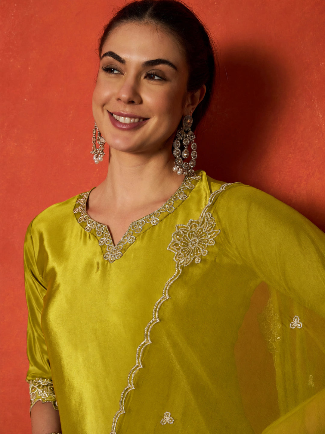 Solid &amp; Embroidered Silk Blend Straight Kurti Palazzo Dupatta Set