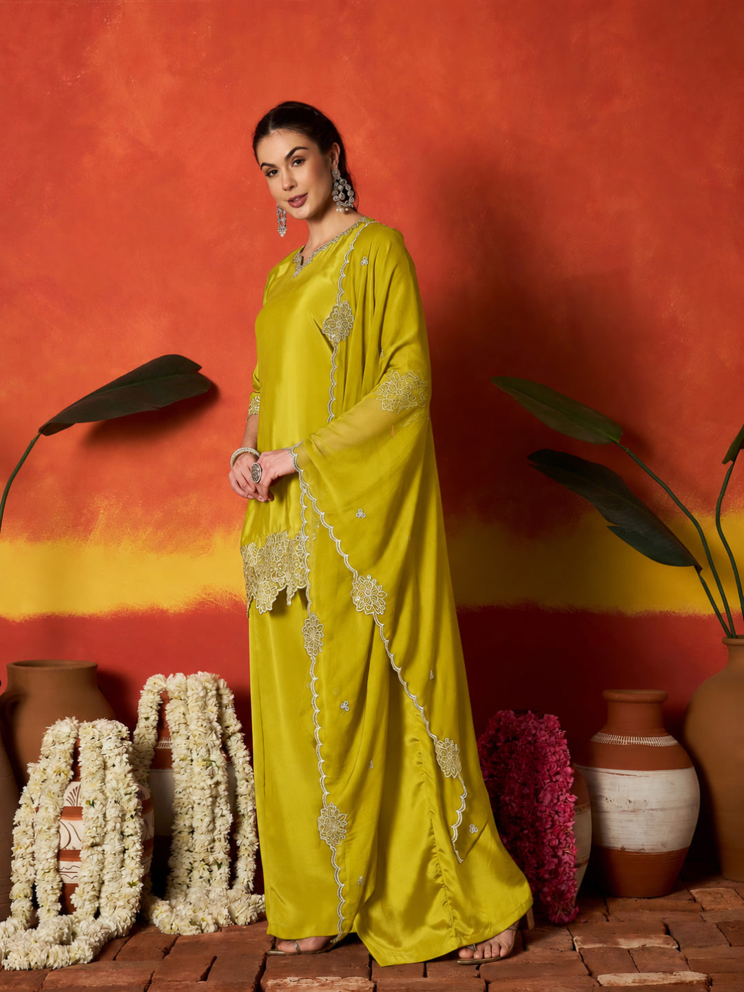 Solid &amp; Embroidered Silk Blend Straight Kurti Palazzo Dupatta Set