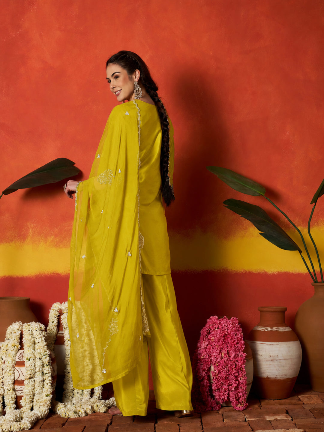 Solid &amp; Embroidered Silk Blend Straight Kurti Palazzo Dupatta Set