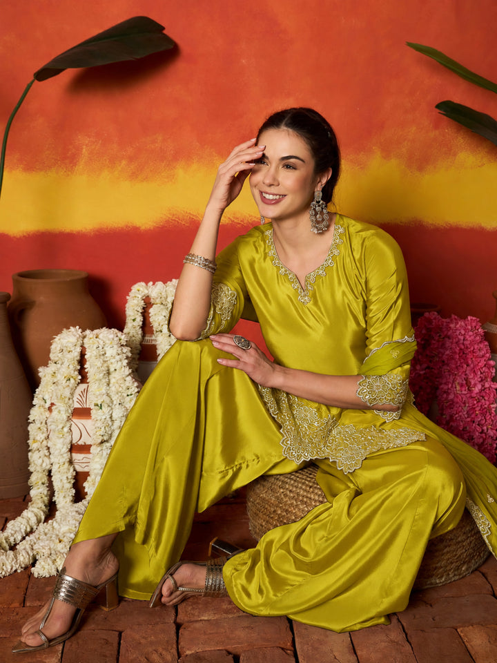 Solid &amp; Embroidered Silk Blend Straight Kurti Palazzo Dupatta Set