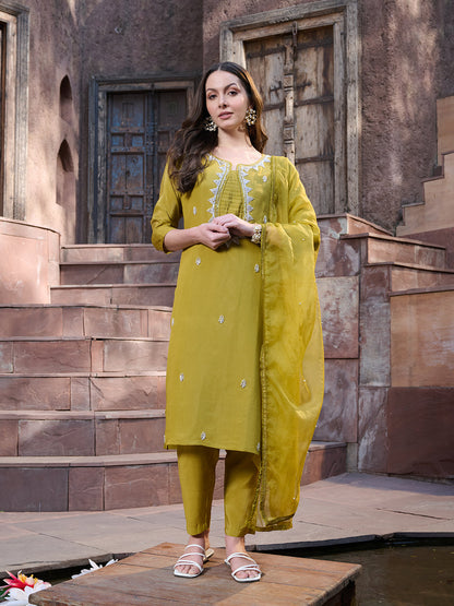 Mustard Embroidered Silk Straight Kurta Pant Dupatta Set
