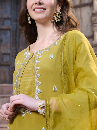 Mustard Embroidered Silk Straight Kurta Pant Dupatta Set