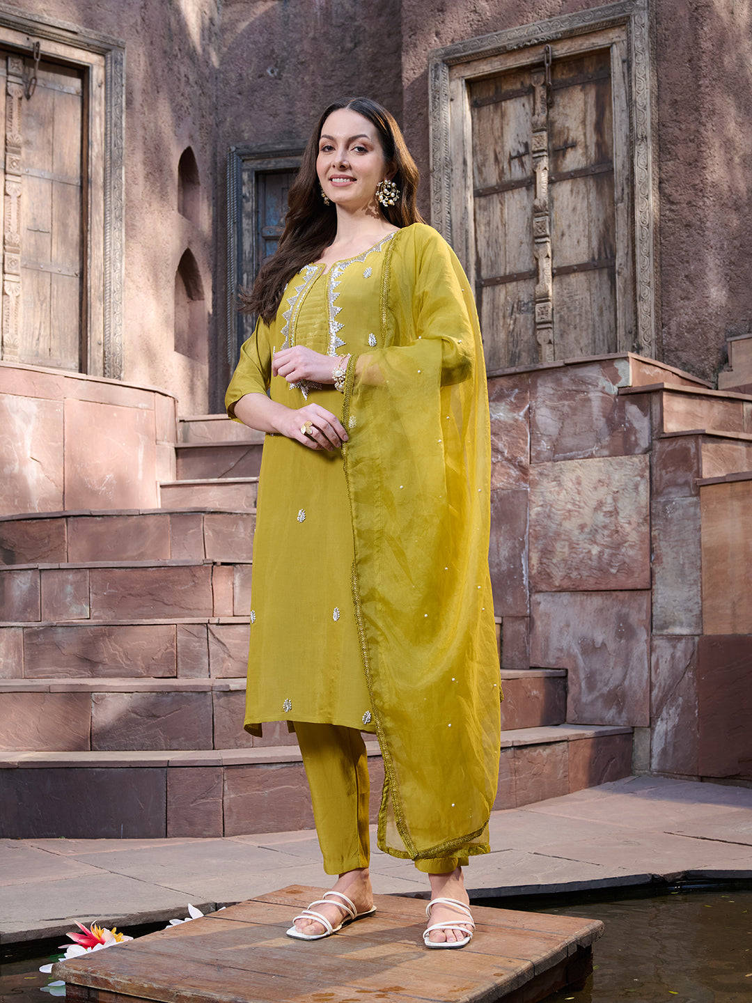 Mustard Embroidered Silk Straight Kurta Pant Dupatta Set