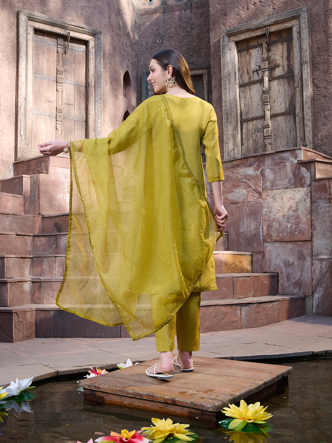 Mustard Embroidered Silk Straight Kurta Pant Dupatta Set