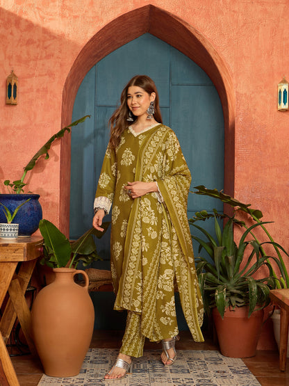 Floral Printed Cotton Blend Straight Kurta Pant Dupatta Set