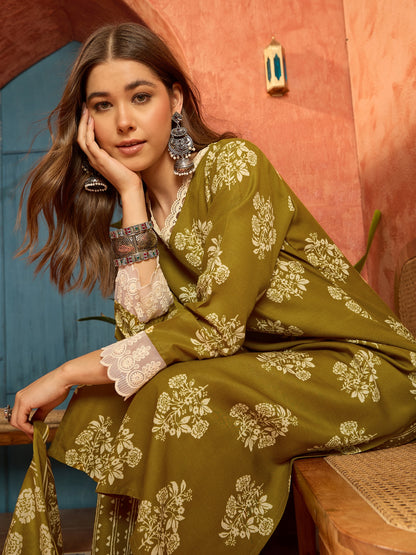 Floral Printed Cotton Blend Straight Kurta Pant Dupatta Set