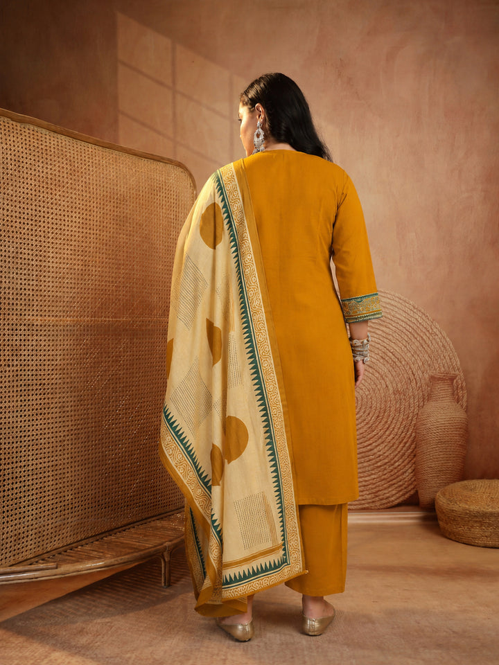 Size Mustard Solid Cotton Straight Kurta Pant Dupatta Set