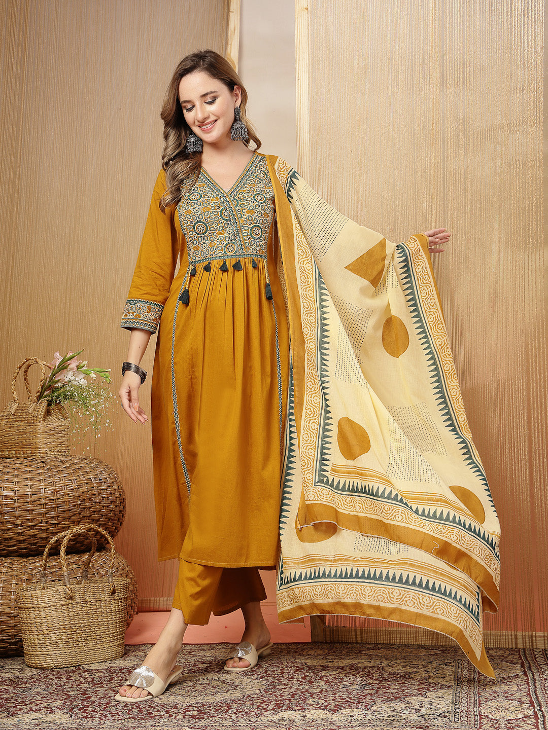 Solid Cotton Straight Kurta Pant Dupatta Set