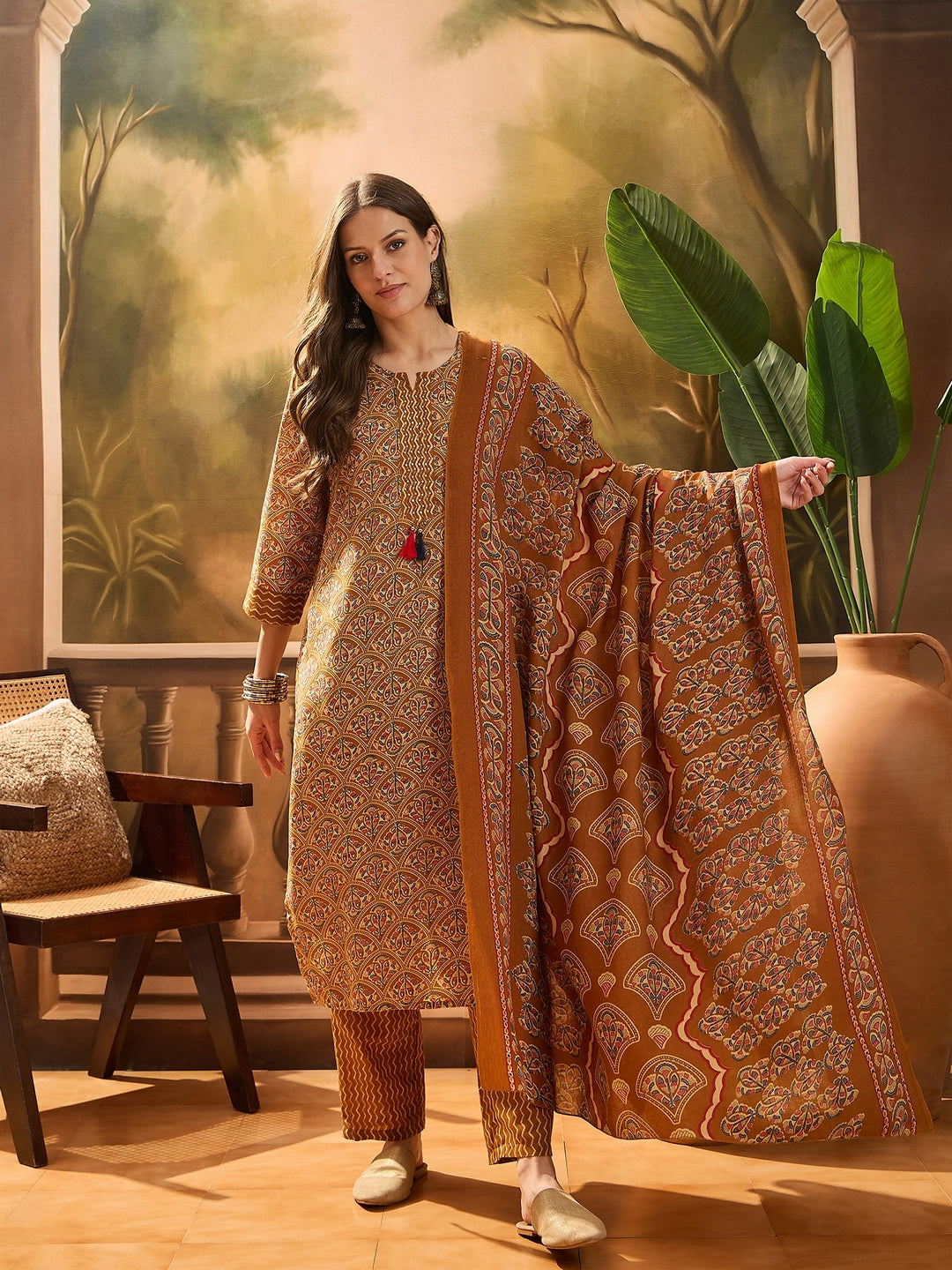 Mustard Floral Printed Cotton Blend Straight Kurta Pant Dupatta Set (Pre-Order)