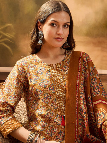 Mustard Floral Printed Cotton Blend Straight Kurta Pant Dupatta Set (Pre-Order)