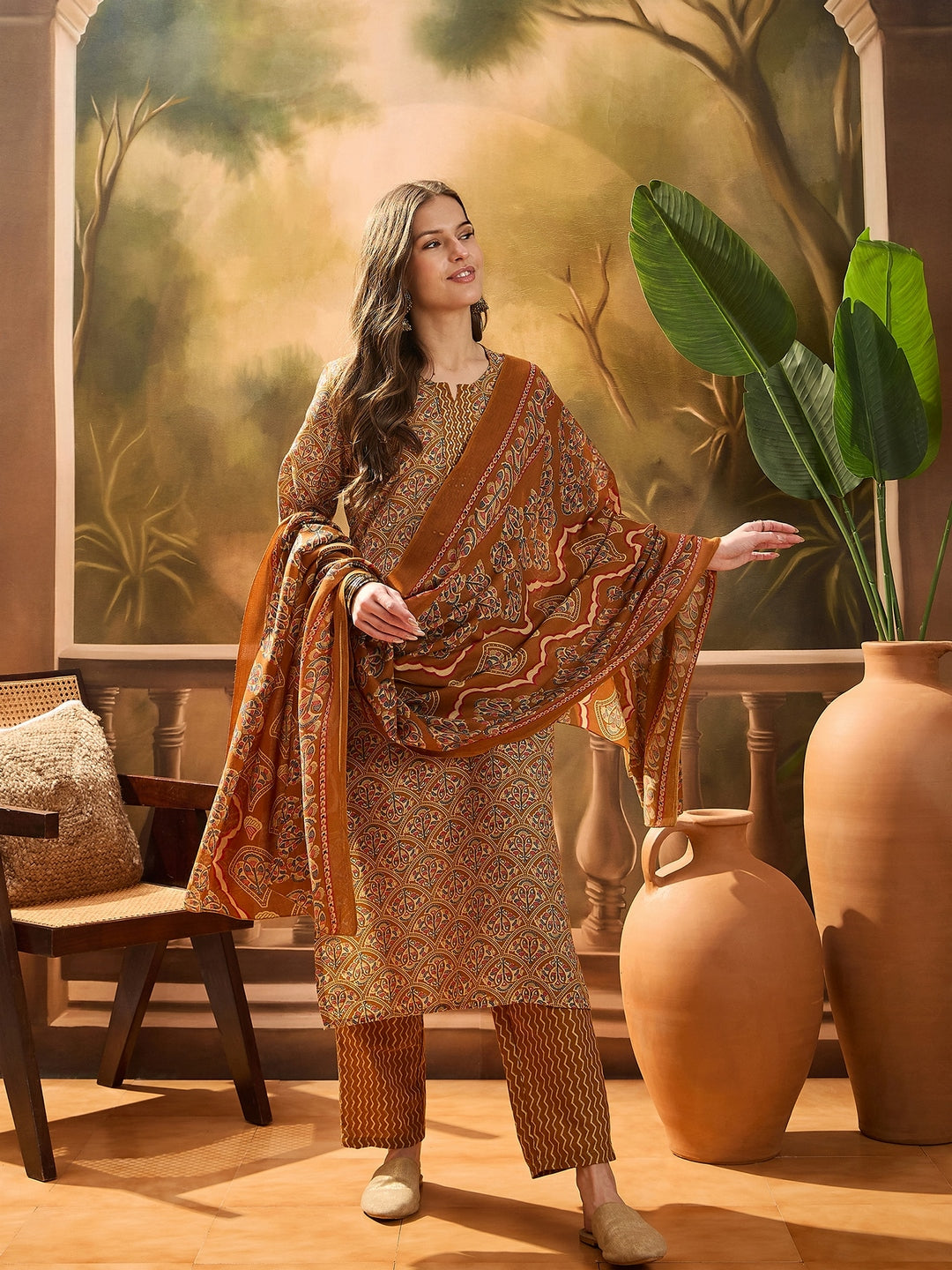 Mustard Floral Printed Cotton Blend Straight Kurta Pant Dupatta Set