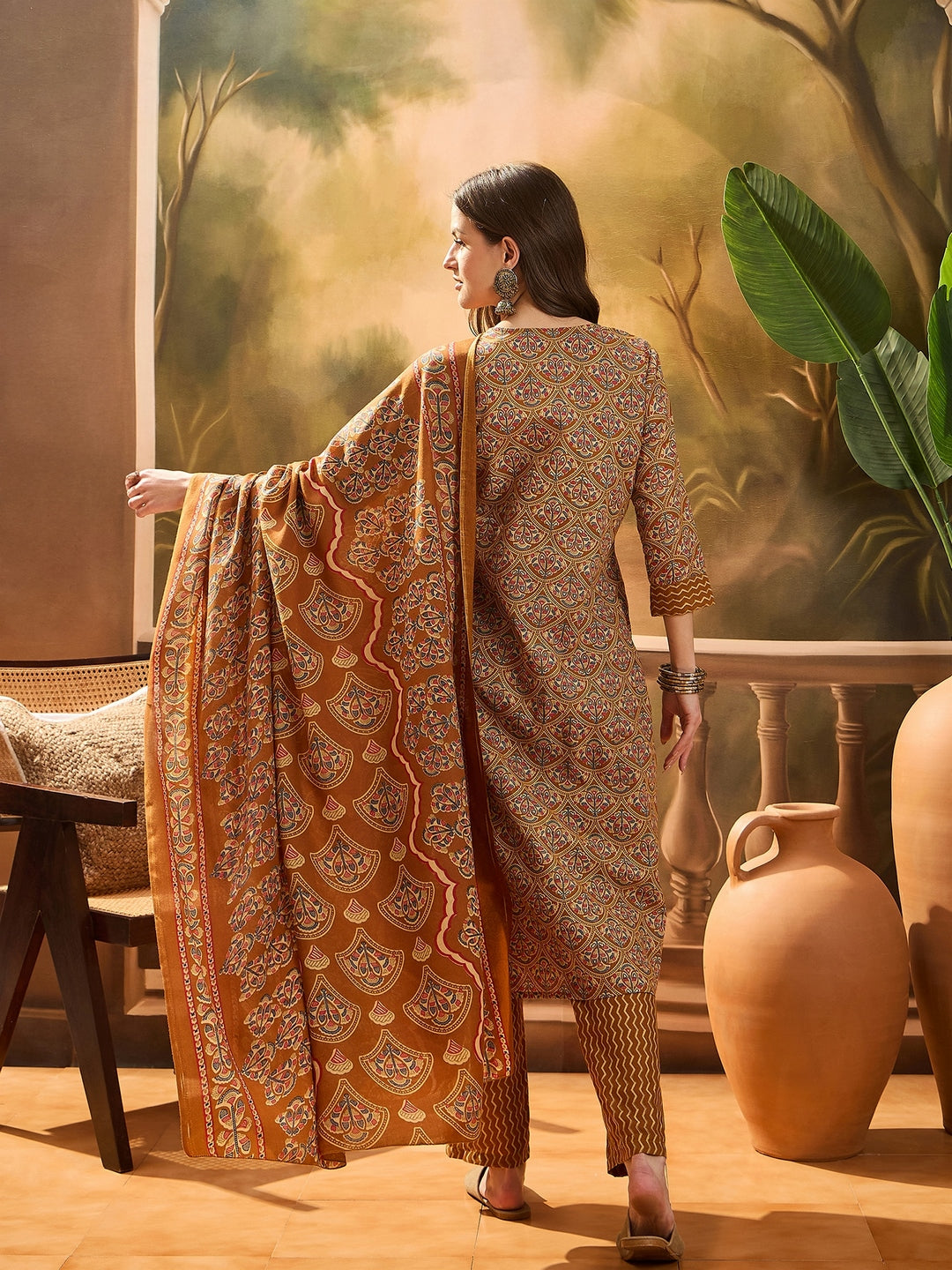 Mustard Floral Printed Cotton Blend Straight Kurta Pant Dupatta Set (Pre-Order)