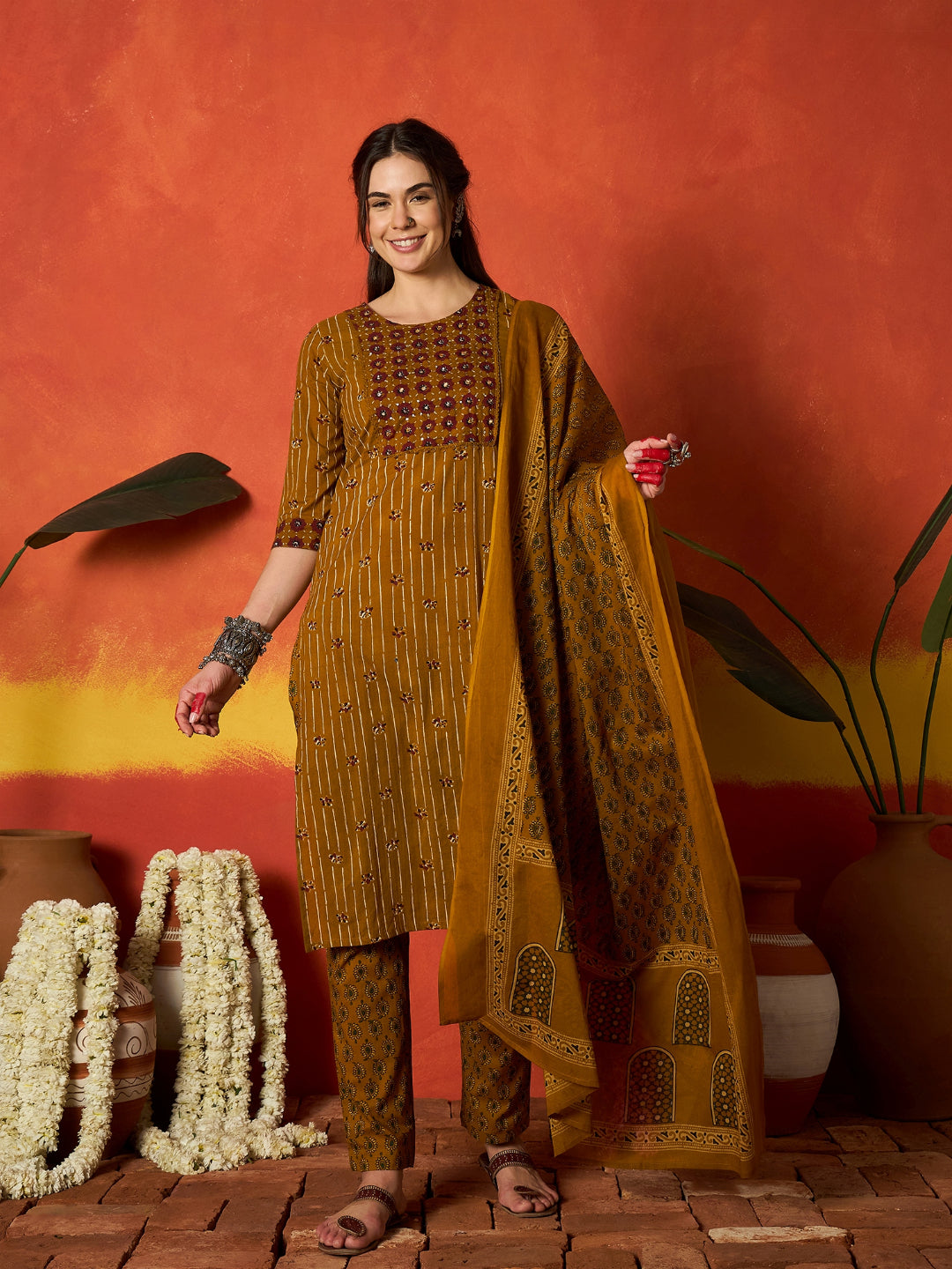 Striped & Floral Printed Cotton Straight Kurta Pant Dupatta Set