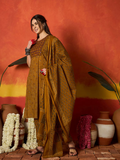 Striped & Floral Printed Cotton Straight Kurta Pant Dupatta Set