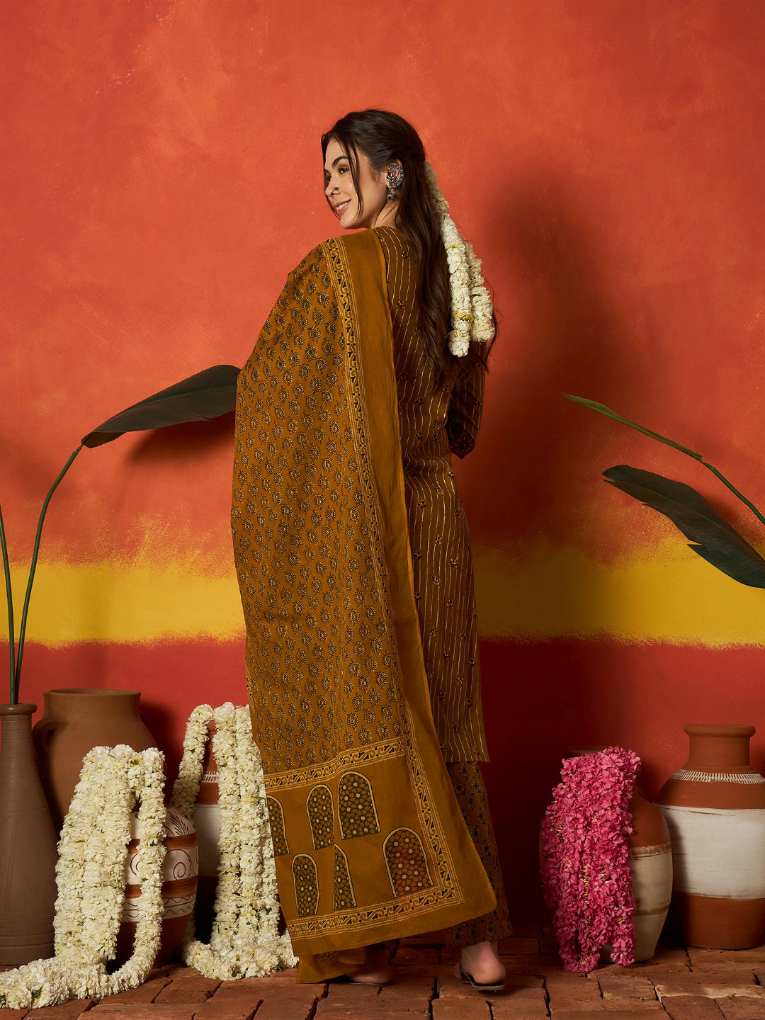 Striped & Floral Printed Cotton Straight Kurta Pant Dupatta Set
