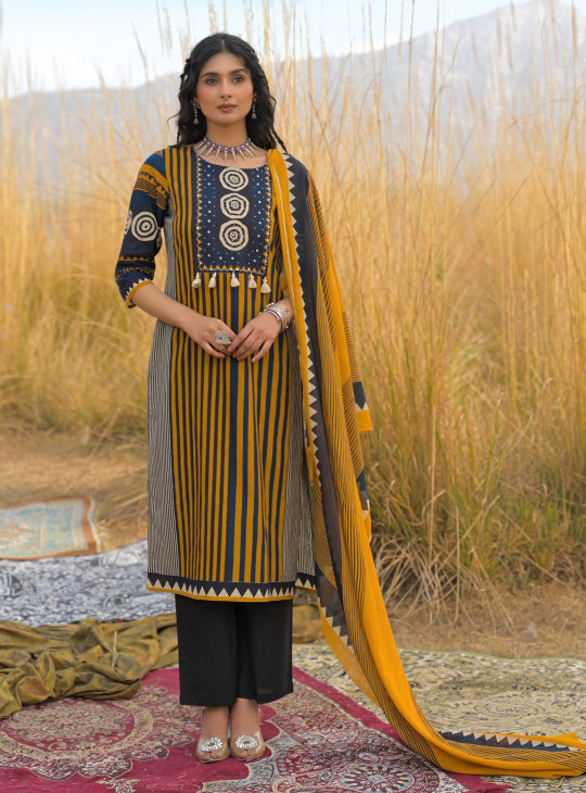 Striped Printed Cotton Straight Kurta Pant Dupatta Set