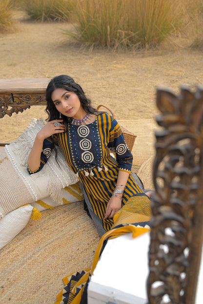 Striped Printed Cotton Straight Kurta Pant Dupatta Set