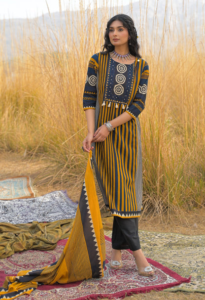 Striped Printed Cotton Straight Kurta Pant Dupatta Set
