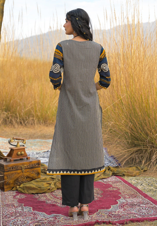 Striped Printed Cotton Straight Kurta Pant Dupatta Set