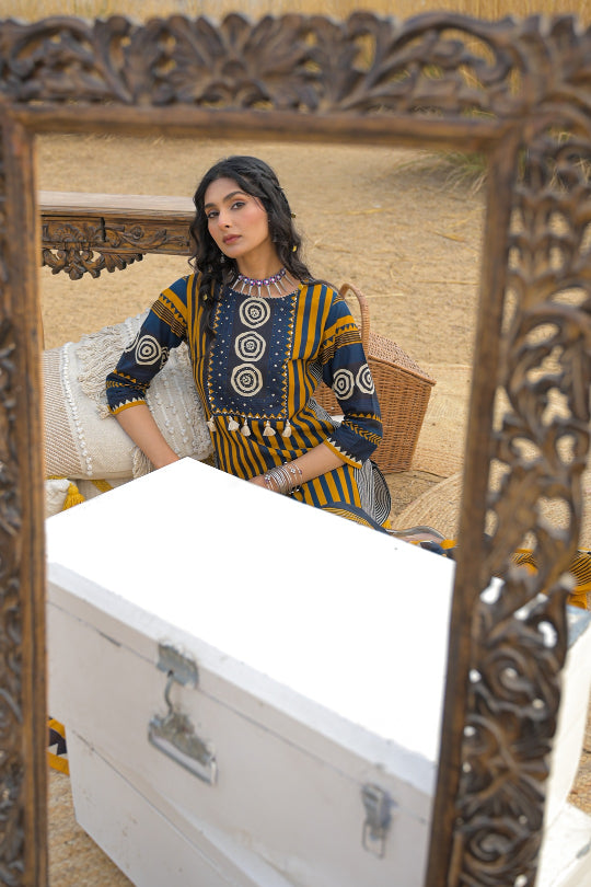 Striped Printed Cotton Straight Kurta Pant Dupatta Set