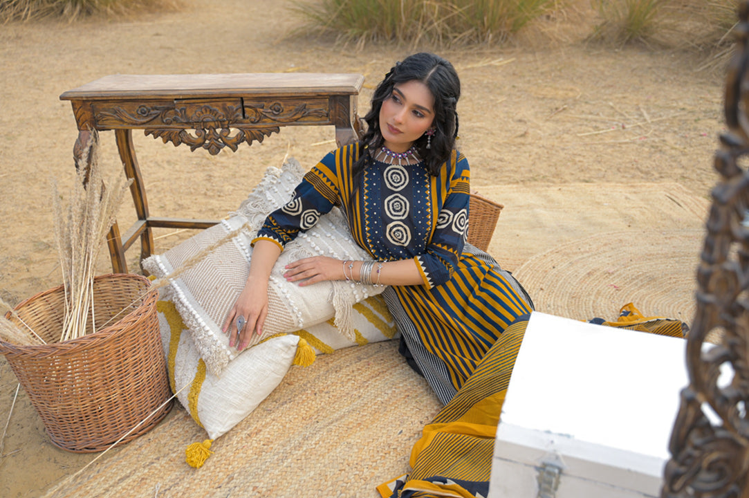 Striped Printed Cotton Straight Kurta Pant Dupatta Set