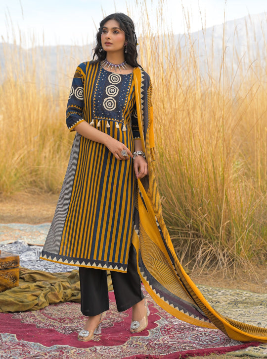 Striped Printed Cotton Straight Kurta Pant Dupatta Set
